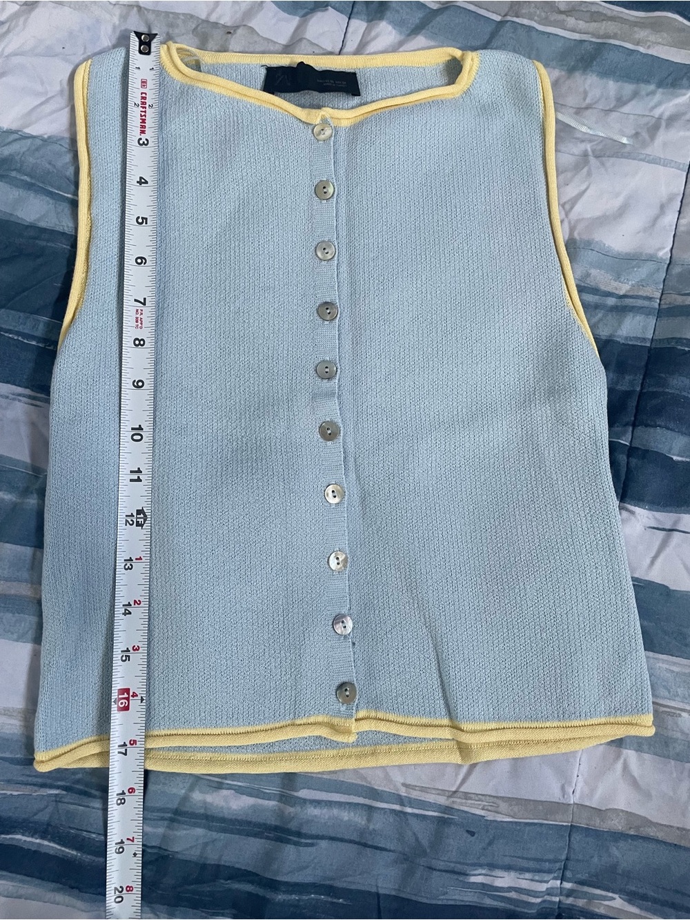 Zara Light Blue Sleeveless Button-Down Tank with Yellow Trim